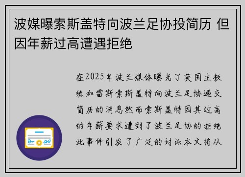 波媒曝索斯盖特向波兰足协投简历 但因年薪过高遭遇拒绝